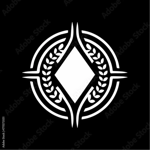 Fototapeta A stylized, minimalist white emblem on a black background, featuring a central diamond shape enclosed by circular and linear elements, with laurel-like branches on either side.