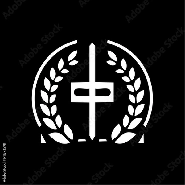 Fototapeta A white stylized cross emblem with a laurel wreath on a black background, symbolizing faith and victory.