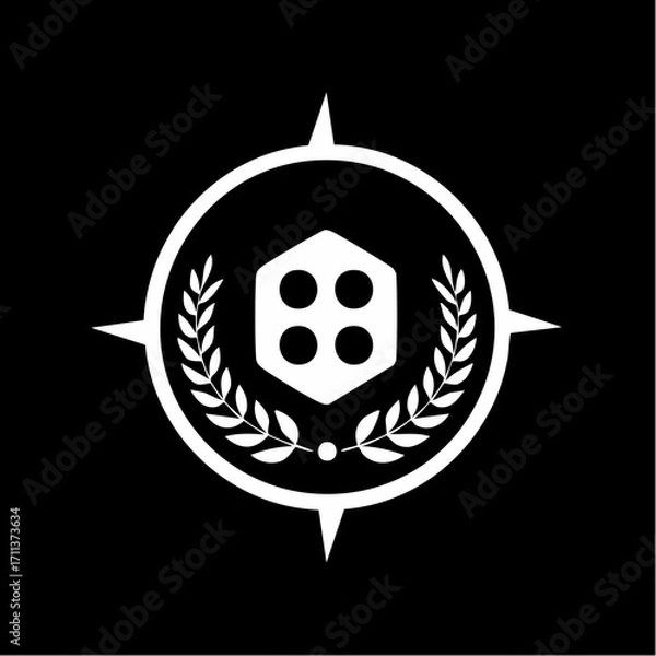 Fototapeta A white compass rose emblem featuring a stylized die with four dots, surrounded by laurel branches, set against a stark black background.