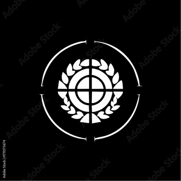 Fototapeta A minimalist white emblem featuring a crosshair target superimposed over a laurel wreath, set against a stark black background, suggesting focus, precision, or achievement.