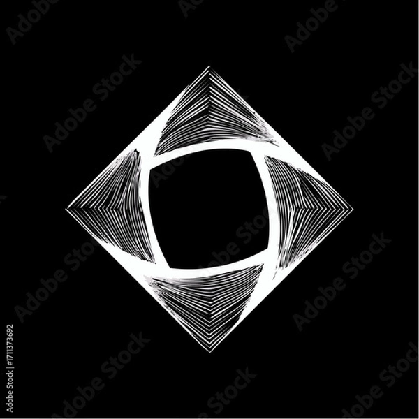 Fototapeta Abstract geometric shape with sharp, radiating lines forming a diamond-like structure against a stark black background, suggesting a stylized aperture or optical illusion.