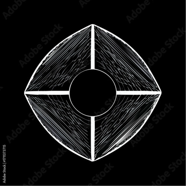 Fototapeta A stylized, abstract graphic design featuring a central black circle within a diamond-shaped frame, divided into four segments with white, sketchy lines on a black background.