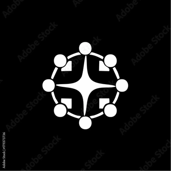 Fototapeta A minimalist white abstract symbol on a black background, featuring a central four-pointed star surrounded by a circular arrangement of interconnected dots and squares.