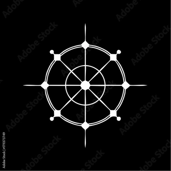 Fototapeta A stylized, minimalist, white ship's wheel icon with eight spokes and decorative diamond shapes at the ends of each spoke, set against a stark black background.
