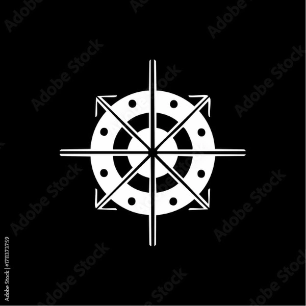 Fototapeta A stylized white compass rose symbol with directional arrows and circular elements on a stark black background, representing navigation and direction.