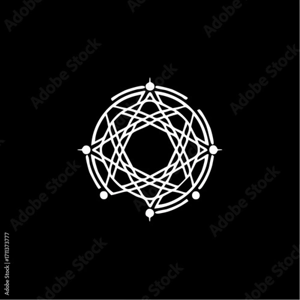 Fototapeta Intricate geometric white circular pattern with interconnected lines and nodes on a stark black background, suggesting a complex network or abstract design.