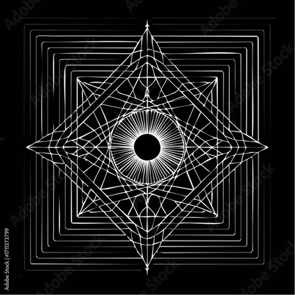 Fototapeta Intricate geometric abstract design featuring a central radiant eye-like motif surrounded by concentric square outlines and intersecting linear patterns, ren...