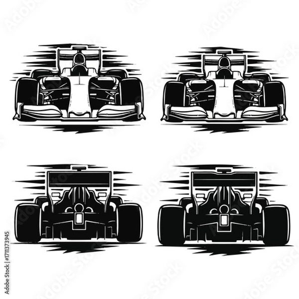 Fototapeta Four views of a race car, front and back, in black and white.