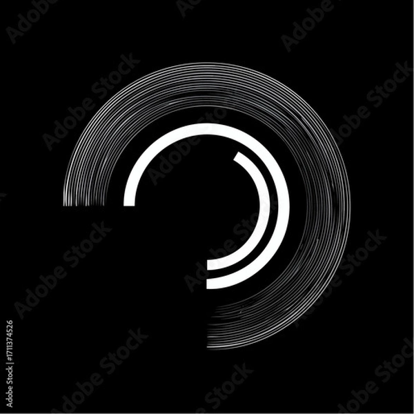 Fototapeta Abstract circular graphic with concentric white rings and textured outer edge on a black background, suggesting motion or a technological interface.
