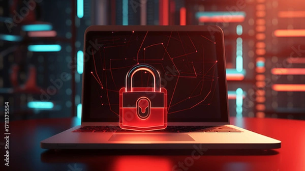 Fototapeta Cyber Security Laptop with Red Padlock: Digital Data Protection, Online Safety, Encryption Technology, Modern Tech, Cybersecurity Concept