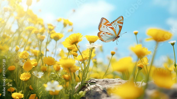 Fototapeta Butterfly on Yellow Flowers: Stunning Macro Photo of a Butterfly in a Field of Yellow Flowers on a Sunny Day, Nature Photography, Springtime Bliss