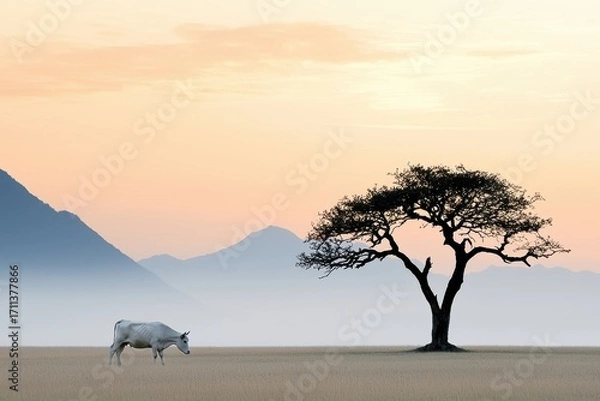 Fototapeta A serene landscape featuring a cow grazing near a solitary tree, with mountains and a pastel sky creating a tranquil atmosphere.