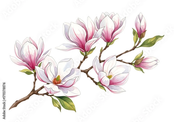 Fototapeta Pink magnolia blossoms on a branch isolated on transparent background