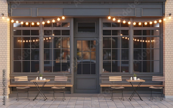 Obraz Cozy shop front illuminated by string lights offering warm inviting ambiance at dusk illustration
