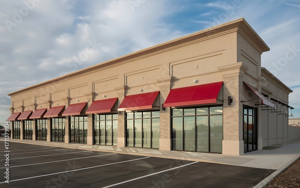 Obraz Modern beige commercial building with red awnings and large glass windows under sky illustration