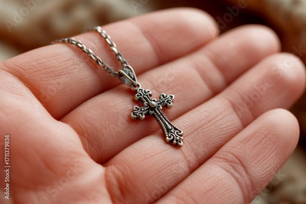 Fototapeta A hand holding a cross necklace. ai generative