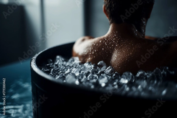Fototapeta A man is sitting in a bathtub filled with ice and water.