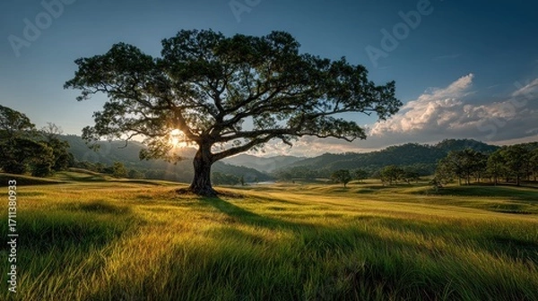 Fototapeta A large tree is in the foreground of a grassy field with sun light.