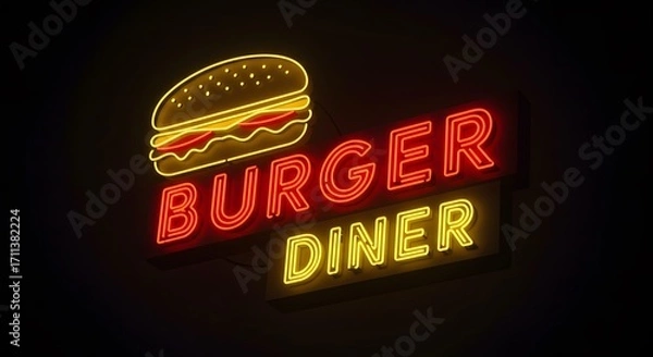 Fototapeta A neon sign with a burger graphic and the words BURGER DINER The word BURGER is in red while DINER is in yellow