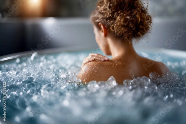 Fototapeta woman in an ice bath expresses intense cold, highlighting post-workout recovery, wellness trends, and resilience.