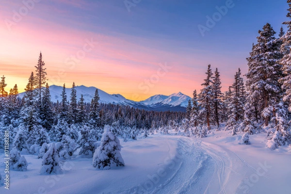 Fototapeta scenic winter pine forest covered in pristine white snow with sun light