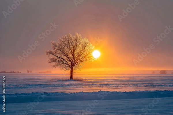 Fototapeta A peaceful snowy meadow with a lone oak tree in the center, its branches covered in frost, a soft orange glow of sunrise illuminating the scene.