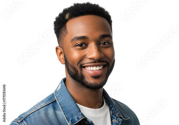 Fototapeta Smiling young man in denim jacket isolated on transparent background