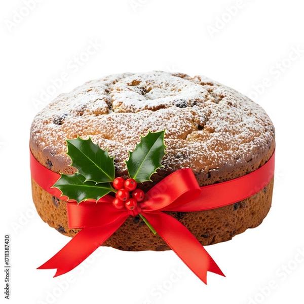 Fototapeta Christmas fruitcake with red ribbon and holly isolated on transparent background