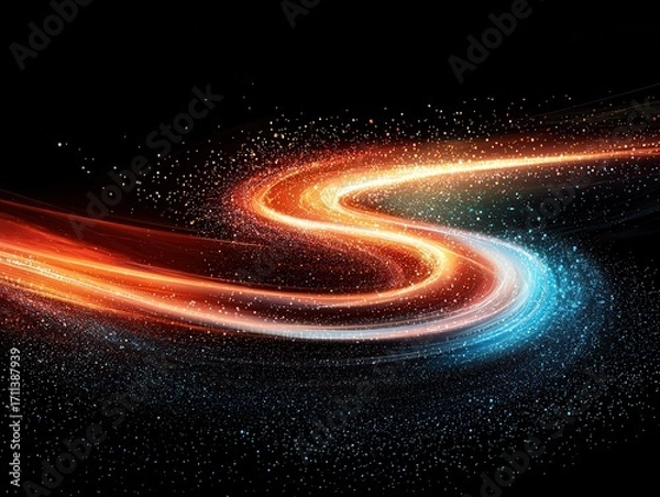 Fototapeta A vibrant swirl of colorful light trails and particles against a dark background, creating a dynamic and energetic visual effect.