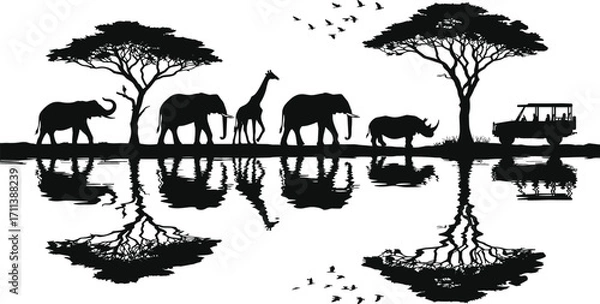 Fototapeta Silhouette of African safari scene with elephants, giraffe, rhino, acacia trees, and safari vehicle reflected in water.
