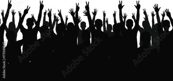 Fototapeta Silhouette of crowd with raised hands making peace signs – concert, celebration, unity, and crowd energy concept.
