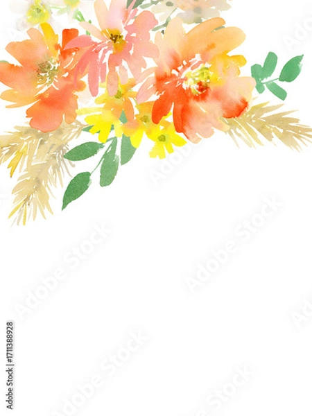 Fototapeta Hand painted abstract watercolor floral transparent background for wedding invitation, banner, SNS and post card. PNG file. Autumn botanical card template.