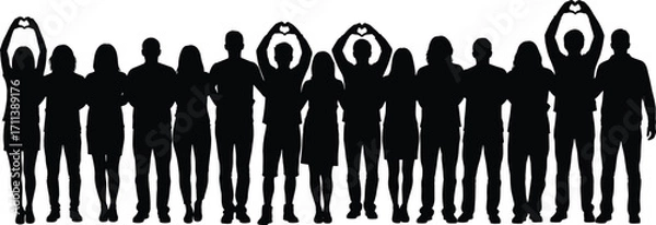 Fototapeta Silhouette of diverse people standing together, forming heart shapes with hands, unity, love, teamwork, community, and togetherness concept.