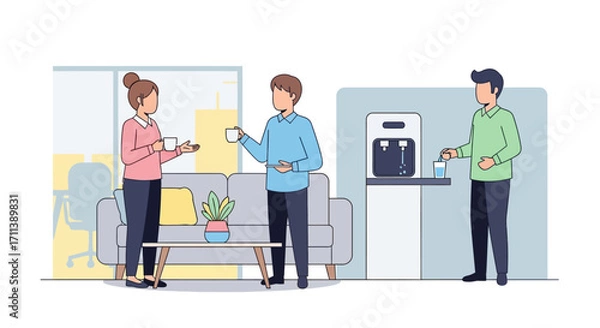 Obraz Coworkers enjoying coffee break in office lounge.