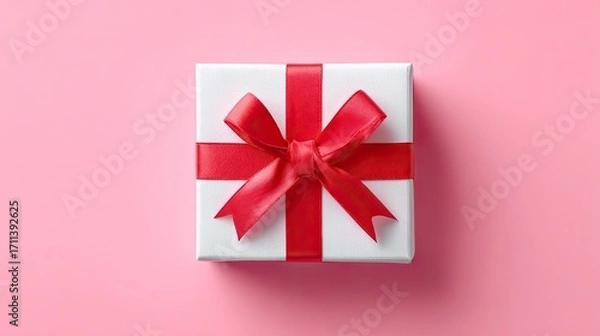 Obraz White gift box with red ribbon bow