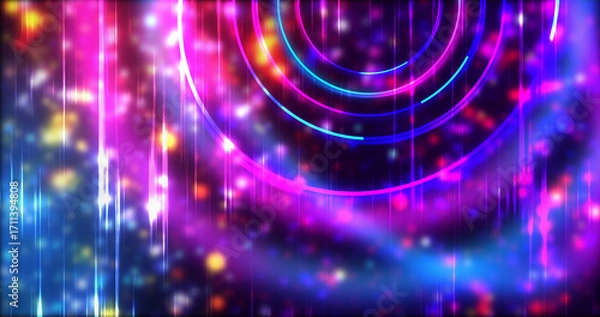 Fototapeta Technology circles moving with speed line in backdrop, NEON Retro Style BG. Radial futuristic development concept global network link concept. Ultraviolet stripes moving vibrant rings in space.
