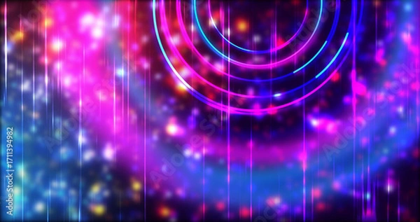 Fototapeta Technology circles moving with speed line in backdrop, NEON Retro Style BG. Radial futuristic development concept global network link concept. Ultraviolet stripes moving vibrant rings in space.