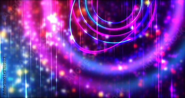 Fototapeta Technology circles moving with speed line in backdrop, NEON Retro Style BG. Radial futuristic development concept global network link concept. Ultraviolet stripes moving vibrant rings in space.