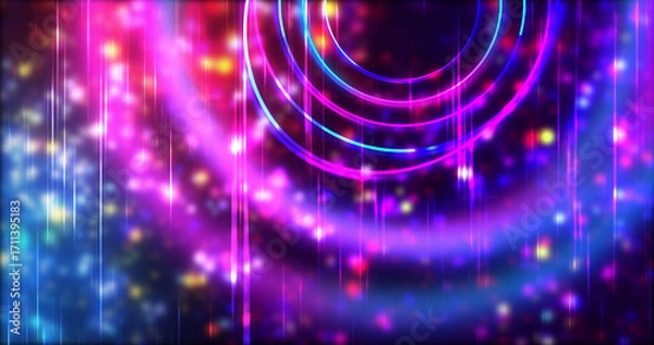Fototapeta Technology circles moving with speed line in backdrop, NEON Retro Style BG. Radial futuristic development concept global network link concept. Ultraviolet stripes moving vibrant rings in space.