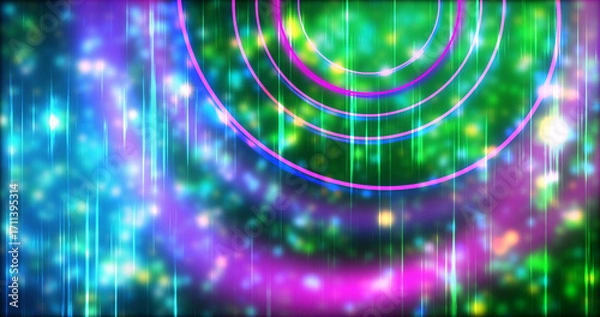 Fototapeta Technology circles moving with speed line in backdrop, NEON Retro Style BG. Radial futuristic development concept global network link concept. Ultraviolet stripes moving vibrant rings in space.