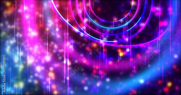 Fototapeta Technology circles moving with speed line in backdrop, NEON Retro Style BG. Radial futuristic development concept global network link concept. Ultraviolet stripes moving vibrant rings in space.