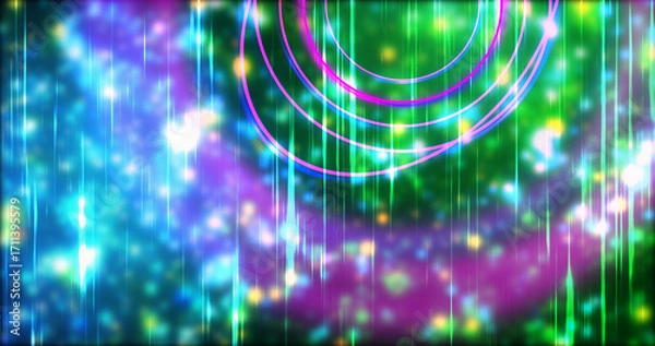 Fototapeta Technology circles moving with speed line in backdrop, NEON Retro Style BG. Radial futuristic development concept global network link concept. Ultraviolet stripes moving vibrant rings in space.