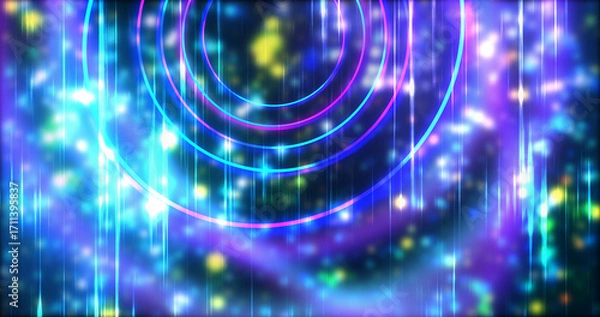 Fototapeta Technology circles moving with speed line in backdrop, NEON Retro Style BG. Radial futuristic development concept global network link concept. Ultraviolet stripes moving vibrant rings in space.