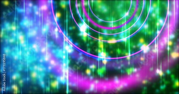 Fototapeta Technology circles moving with speed line in backdrop, NEON Retro Style BG. Radial futuristic development concept global network link concept. Ultraviolet stripes moving vibrant rings in space.
