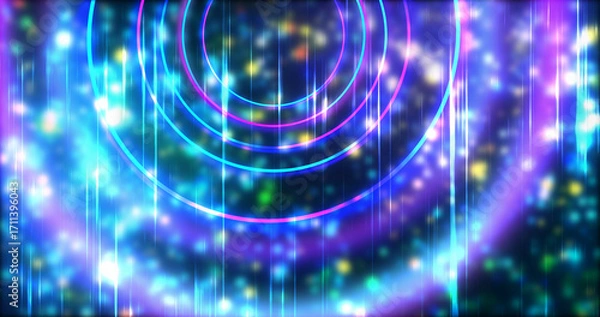 Fototapeta Technology circles moving with speed line in backdrop, NEON Retro Style BG. Radial futuristic development concept global network link concept. Ultraviolet stripes moving vibrant rings in space.