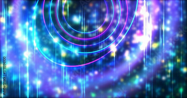 Fototapeta Technology circles moving with speed line in backdrop, NEON Retro Style BG. Radial futuristic development concept global network link concept. Ultraviolet stripes moving vibrant rings in space.