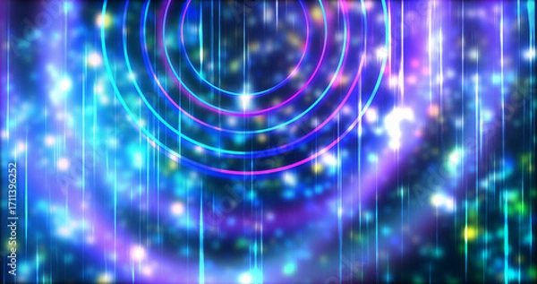 Fototapeta Technology circles moving with speed line in backdrop, NEON Retro Style BG. Radial futuristic development concept global network link concept. Ultraviolet stripes moving vibrant rings in space.