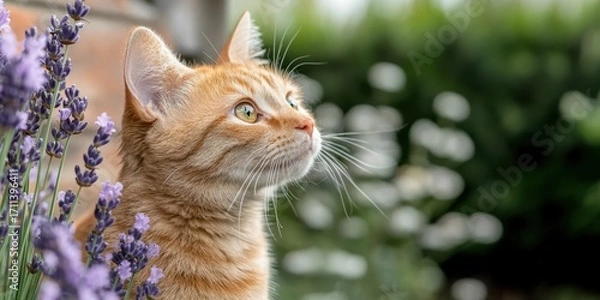 Fototapeta A curious orange cat gazes upward, surrounded by lavender flowers, with a blurred green background creating a serene atmosphere.