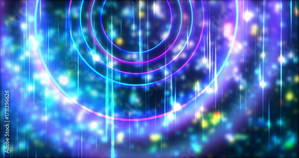 Fototapeta Technology circles moving with speed line in backdrop, NEON Retro Style BG. Radial futuristic development concept global network link concept. Ultraviolet stripes moving vibrant rings in space.