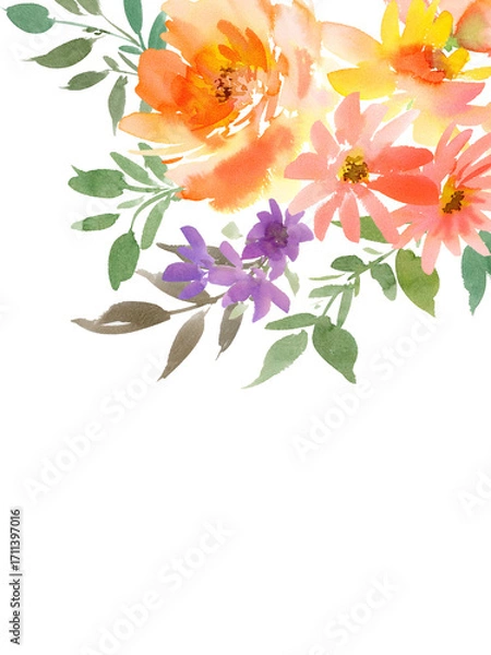Fototapeta Hand painted abstract watercolor floral transparent background for wedding invitation, banner, SNS and post card. PNG file. Autumn botanical card template.

